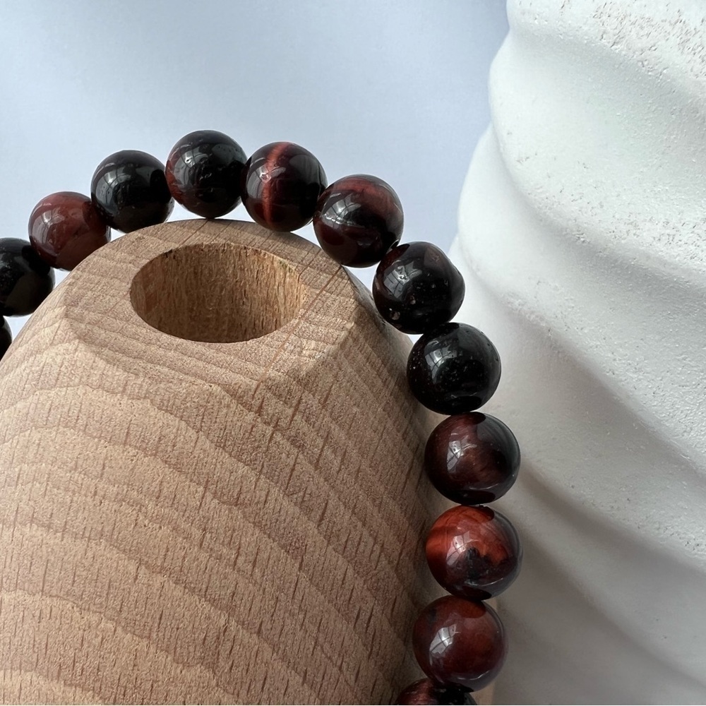 NATURAL Red Tiger Eye Stretch Beaded Bracelet 7.75” - Picture 5 of 15